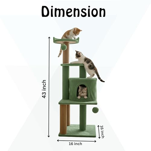 Image of Soft Fur Activity Scratching Post /Cat Tree for Kittens & Cats - Natural Sisal Rope Triple Platform Tower (Height 43 Inch) (FURR - 3FLORR - Green)
