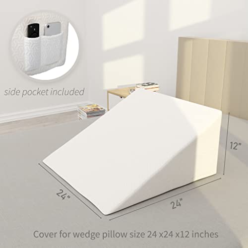 Wedge Pillow Cover for 24x24x12 Bed Wedge Pillow, Hypoallergenic Replacement Case with Zipper & Pockets
