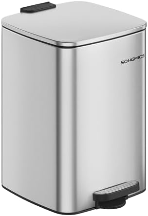 SONGMICS Steel Pedal Bin, 5.2-Gallon (20 L) Trash Bin with Inner Bucket, Soft Close and Stays Open, Metallic Silver LTB592E01