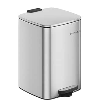 SONGMICS Steel Pedal Bin, 5.2-Gallon (20 L) Trash Bin with Inner Bucket, Soft Close and Stays Open, Metallic Silver LTB592E01