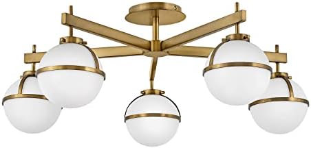 Hinkley Hollis Large Semi-Flush Mount Ceiling Light - Mid-Century Modern, 5-Light, Etched Opal Glass Globes - Heritage Brass Finish