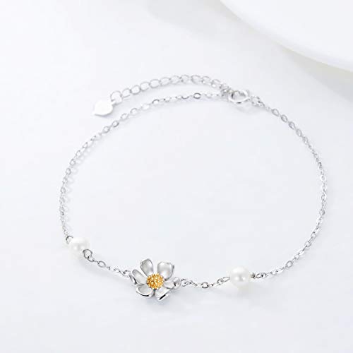Yafeeso Solid 14K White Gold Daisy Bracelet For Women Daisy Flower Link Bracelet Daisy Jewelry Anniversary Birthday Gifts For Her, 6.5+2 Inch #TOP3