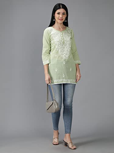 Image of Seva Chikan Hand Embroidered Lucknowi Chikankari Cotton Short Top Tunic for Women SCL9017