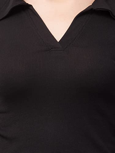 Image of Ribbed Polo Collar Full Sleeves Tops for Women