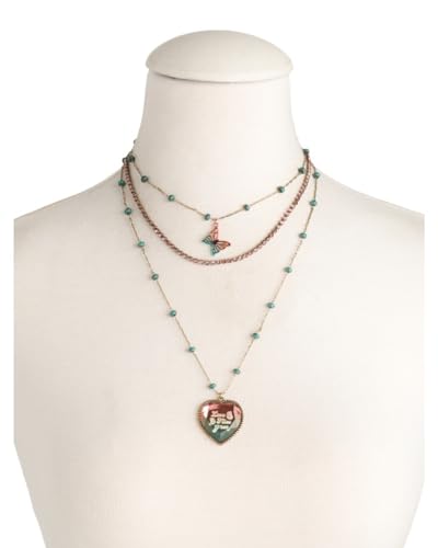 Betsey Johnson Turquoise Layered Butterfly & Heart Necklace (15" with Extender)
