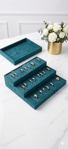Image of Luxury Velvet Jewelry Organizer Tray for Watch Sunglasses Bangles Earrings Rings Chains Necklace & Others Storage Display Tray (Green, 3 Step Kada Green)