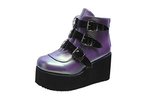 Women Platform Chunky Ankle Boots - Round Toe Zipper Wedges High Heels Hologram White Combat Knight Boots (Purple Hologram,7 B(M) US)