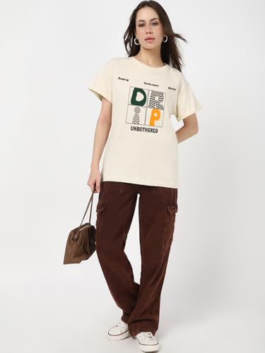Image of Bewakoof Women's 100% Cotton Typography Boyfriend Fit Half Sleeve Round Neck T-Shirt | Casual wear | Streetwear | Oversized Tshirt for Woman Cotton| Baggy