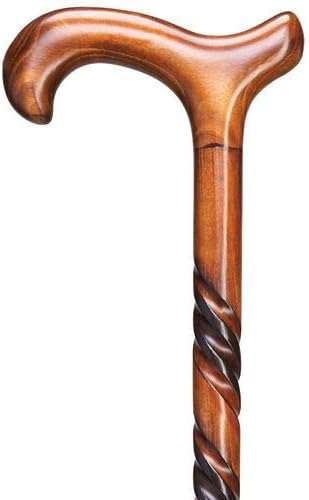 Bastón de senderismo para mujer: caña de madera de arce con mango Derby, acabado de cereza quemada y oscura con espiral tallada en el eje, 36
