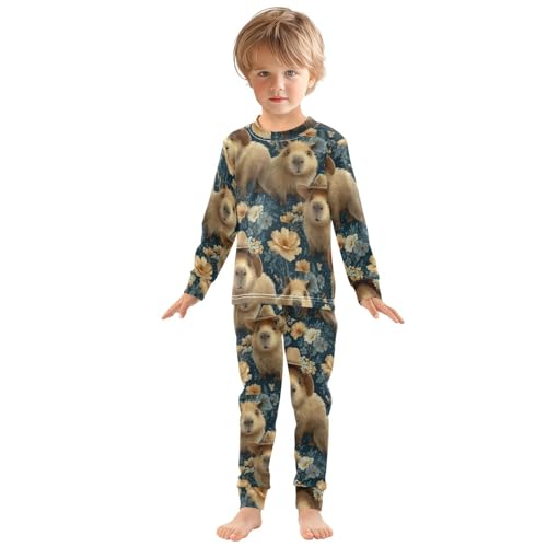 Pajama Sets Long Sleeve Cute Capybara Floral Background Soft Comfy Sleepwear 2 Piece PJS 3-8T2