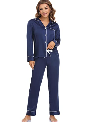 Image of Serenedelicacy Women's Satin Pajama Set Long Sleeve Button Down Sleepwear 2-Piece Silky Pj Set