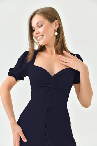 Image of Shasmi Girl's & Women's Solid Midi Dress - Elegant Square Neck Button-Down Dress with Puff Short Sleeves | Stylish Casual & Party & Office Wear Outfit (Dress 105)
