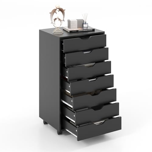 Image of SFAREST Mobile File Cabinet with Drawers, Multifunctional Wooden Printer Stand with Door & Wheels, Stationery Rolling Filing Cabinet and Home Office Drawer Chest(Black,7 Drawers)