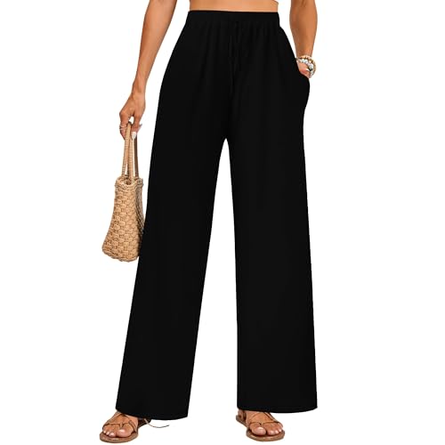 Womens 2025 New Floral Print Palazzo Pants Boho Stylish High Waist Elastic Drawstring Lounge Travel Wide Leg Pants