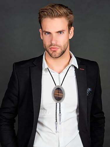 Image of Jeilwiy Bolo Tie for Men Real Stone Westwern Cowboy Ties Silver Bolos Women Leather Necktie Gift for Birthday Christmas