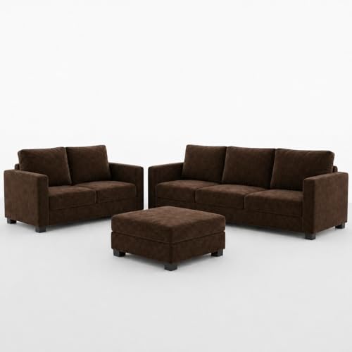Image of FURNY Haster 3 Seater + 2 Seater Fabric Sofa Set with 1 Ottoman (Dark Brown) with Velvet Finish | Durable Comfort | Ideal for Living Room