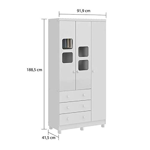 Quarto de Bebê com Guarda Roupa e Cômoda 4 Gavetas com Janela Uli Móveis Peroba Branco Brilho
