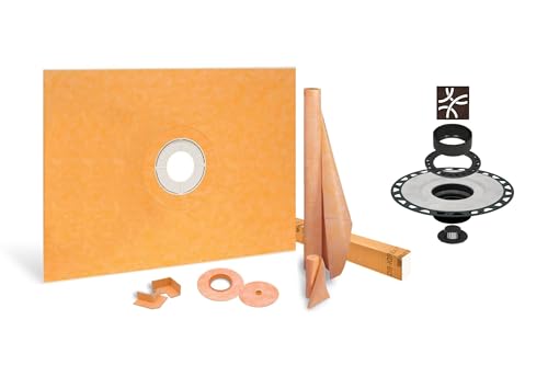 All-in-one Shower Kit: 32x38 Center Shower Pan (Tray), 2 inch ABS flange and 4 Inch Shower Drain Cover in Curve Design with Bronze Finish (KDIF4GRKTSOBD6 Grate)