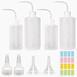 SPOKKI 4 Stück Spritzflasche 250ml 500ml Laborflasche Waschflasche Dosierflasche Gießflasche für Pflanzenbewässerung Laborreinigung Tattoo Wasch mit gebogener Düse, Trichter, Spitzdeckel, Etikett
