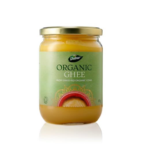 Dabur Ghee Ecológico 470g - Grasa de mantequilla 100% orgánica para un sabor pleno y una textura suave, ideal para cocinar y hornear, fortalece la digestión, piel sana.