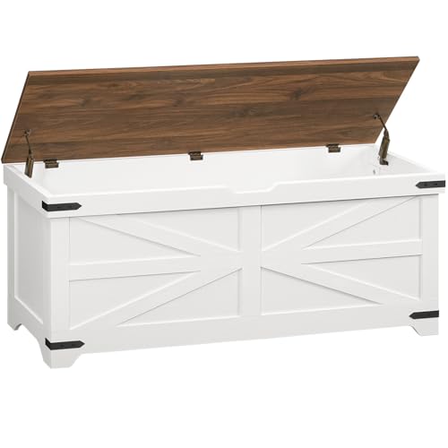 MAHANCRIS Large Toy Chest 47.2 Wooden Toy Box with 2 Safety Hinges Farmhouse Style Storage Bench Blanket Storage Chest for Living Room Entryway Bedroom White+Walnut SCBZ18601