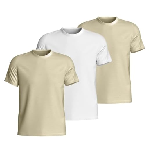 Kit 3 Camisa Masculina Camiseta Gola Redonda Lisa 100% Algodão Hyve (BR, Alfa, M, Regular, 2 Bege e 1 Branca)
