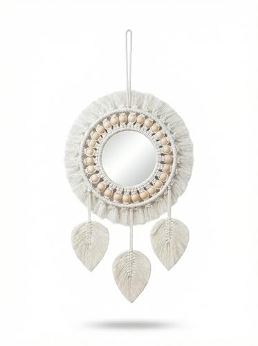 Image of JH Gallery Macrame Wall Decor Mirror - Round Cotton Rope Boho Hanging with Fringe & Beads for Stylish Home Decor, Macrame Wall Mirror for Bedroom, Living Room and Office Decor.(White)