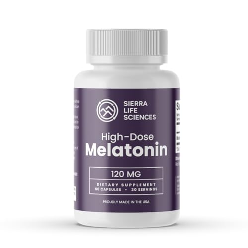 Sierra Life Sciences 120 mg High Dosage Melatonin Supplement - Extra Strength High Potency Sleep Support Vegan Non-GMO Made in USA Easy-to-Swallow Capsules 60 Count (30 Servings)