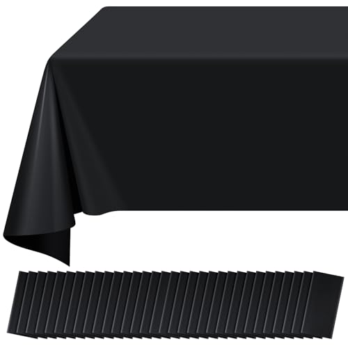 Image of 32 Pack Black Plastic Tablecloth for Rectangle Tables, Premium Decorative Black Disposable Table Cloths for Parties, Bulk Rectangle Party Table Cover for Birthday, Wedding, Anniversary, 54 x 108 Inch