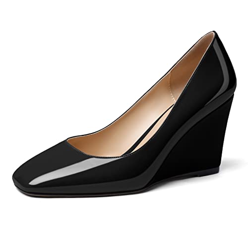 Soireelady Womens Square Toe Wedges High Heel Pumps Slip On Wedge Heels Classic Wedge Pumps Patent Leather Elegant Dressy Daily Shoes