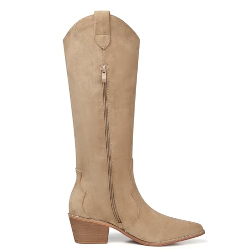 Image of SHIBEVER Cowgirl Boots Knee High: Womens Western Cowboy Boots Wide Calf Apricot Low Heeled Put on Suede Tall Booties Size 6.5