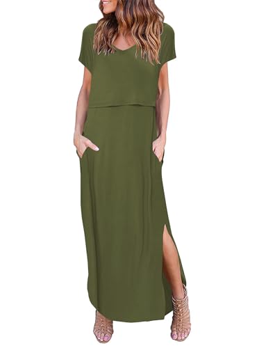 Image of Ekouaer Women's Nursing Dress Summer V Neck Short Sleeve Maternity Split Long Dresses for Breastfeeding with Pockets S-XXL