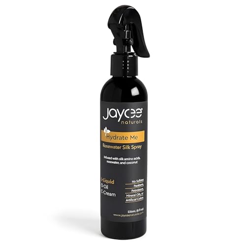 Jaycee Naturals Hydrate Me Rosewater Silk Spray with Silk Amino Acids and Coconut Water To Refresh and Revive All Hair Textures and Styles, Light Floral Spray for use with LOC/LCO Methods, 8 ounces