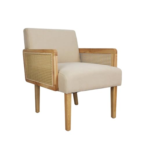 Levede Armchair Accent Chair, Upholstered Mid Century Modern Lounge Chair for Bedroom Living Room Occasional Reading Chairs with Rattan Armrest, Comfy Side Chair(64cm x 70cm x 80cm, Natural)