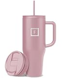 IRON °FLASK Co-Pilot Insulated Mug w/Straw & Flip Cap Lids - Cup Holder Bottle for Hot, Cold Drink - Leak-Proof- Water, Coffee Portable Travel Tumbler - Cosmetic Pink, 40 Oz