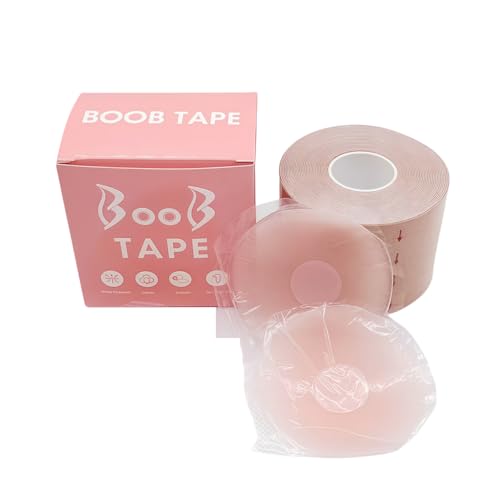 Heanvmyss Cinta de Levantamiento de Senos,Cinta Adhesiva Pecho,Adhesiva Push Up Cinta,Cubre Pezones de Silicona,Boob Tape,Sujetador Invisible Adhesivo para Copa A-E(5cmx5m)