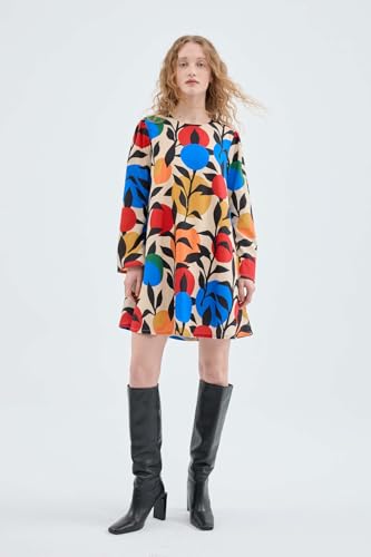 Robe courte évasée à manches longues à motif imprimé feuilles légères
