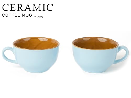 Image of Bodhi House Ceramic Coffee Wide Large Mug with Handle - Set of 2, 350Ml Glossy Finish | Bone Ash Free & Microwave Safe | for Cappuccino, Latte, Green Tea - Arctic Blue