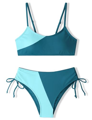Image of Girls Swimsuits Bikini Set 2 Pieces Color Block Bikini with Adjustable Shoulder Strap Girls Bathing Suit 7-16Y