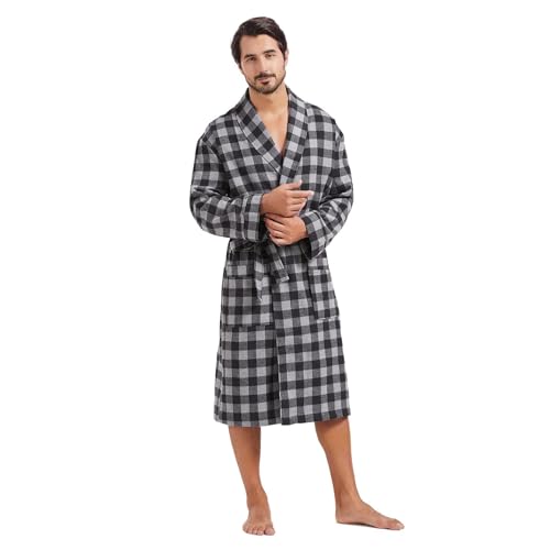 FashGudim Mens Dressing Gowns Lightweight Buffalo Plaid Cotton Robe Shawl Collar Summer Kimono Bathrobe (Black & Grey XXXL)