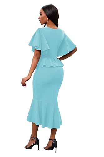 Image of Womens Summer Ruffle Short Sleeve Fishtail Dress Evening Cocktail Formal Peplum Midi Mermaid Dresses Elegant