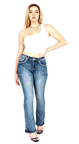 Women's Ripped Bootcut Jeans Mid Rise Flare Bottoms Vintage Distress With Rhinestone Pockets S96-Pb #TOP1