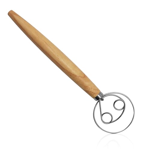 Dänischer Teigbesen 13 Zoll Dänische Teig Schneebesen Edelstahl Doppellöchern zum Schnellen Mischen mit Holzgriff Brotteig Schneebesen für Backen, Brot, Teig, Gebäck, Dessert, Pizzateig