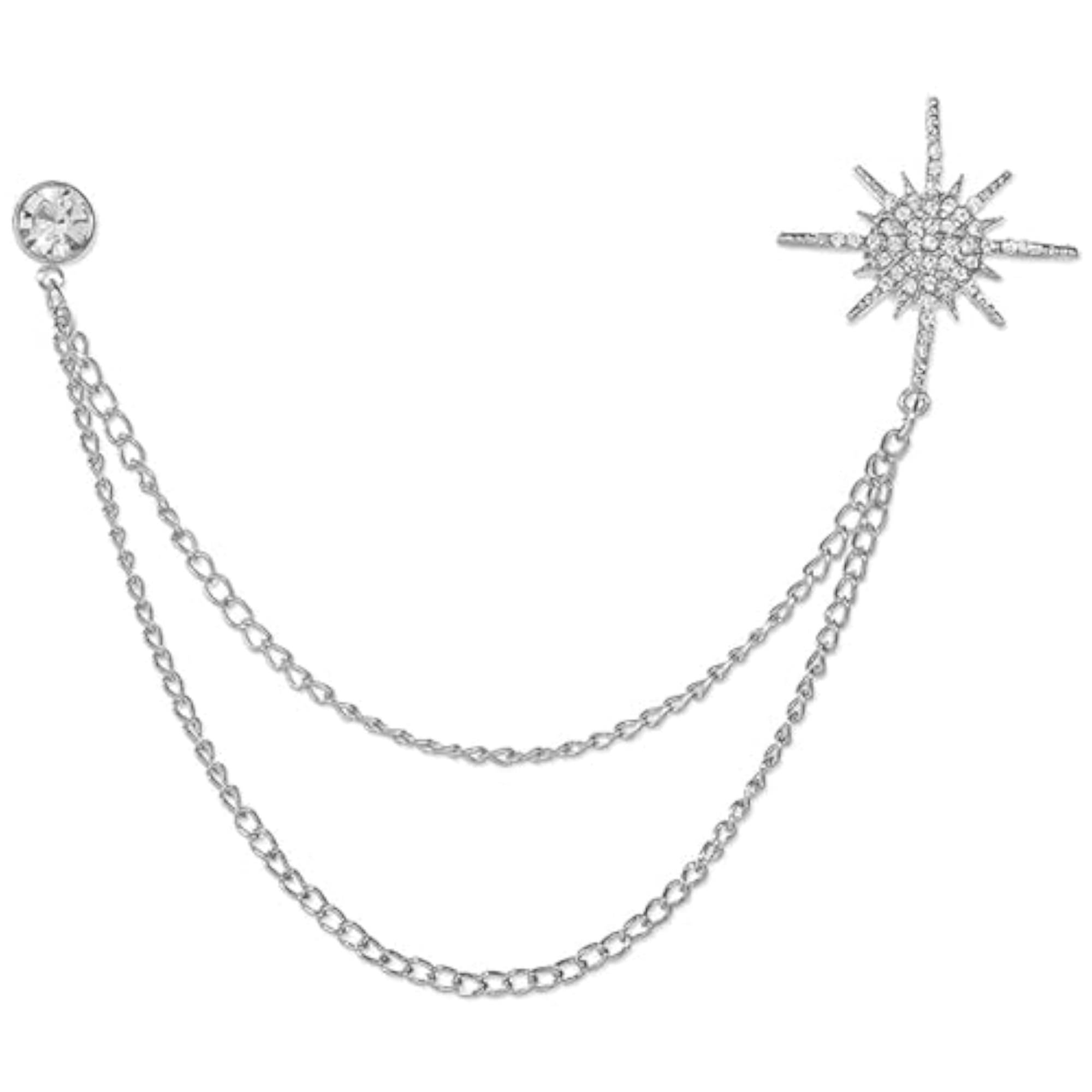 Silver Octagonal Star Chain Brooch, Unisex Formal Lapel Pin