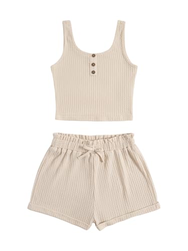 Image of RoseSeek Girl's 2 Piece Outfits Waffle Knit Scoop Neck Button Down Crop Tank Tops Paperbag Waist Track Shorts