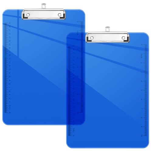 Piasoenc Lot de 2 planchettes à pinces en plastique translucide avec profil bas, porte-bloc violet avec règle, porte-bloc de bureau, fournitures scolaires, format lettre 31,8 x 22,9 cm, bleu