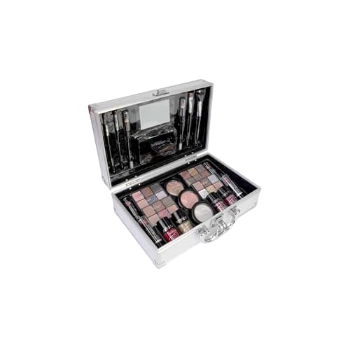 bonvoyage, 43-Piece Complete Makeup Kit, Includes Lipsticks, Eyeshadows, Blush, Nail Polish, Mirror and Make Up Brushes, Portable Lightweight Metal Train Case, Bon Voyage