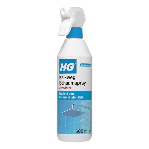 HG Kalkentferner-Schaumspray Super Stark, effektiver Kalkentferner für Armaturen, Toiletten, Duschköpfe, Chrom, Badewannen & Duschwände - 500 ml