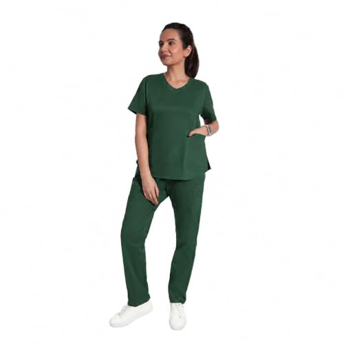 Image of Lite V-Neck 6-Pocket Women's Cotton ScrubSuit | Moisture-Wicking, Anti-Stain & Odor Protection | Classic Fit Top & Pant | All-Day Comfort for Doctors & Students Forest Green (XS)