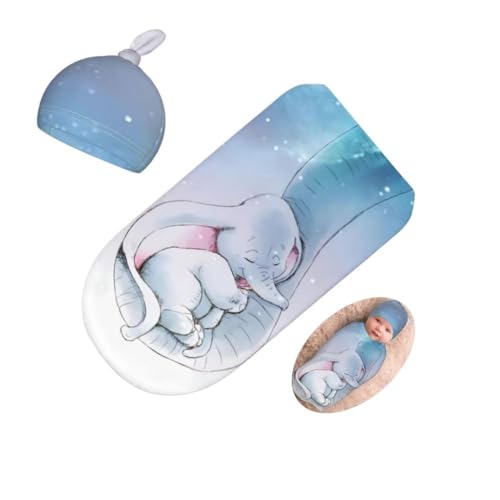 Image of Cute Elephants Newborn Swaddling Blanket Beanie Hat Sets Soft Baby Receiving Funny Animal Blanket Soft Sleeping Bag New Born Soft Sleep Sacks for Boys Girls